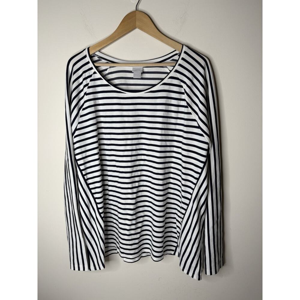 Chicos Womens Size 4 US XXL Mixed Stripe Ponte Top White Blue Striped Nautical